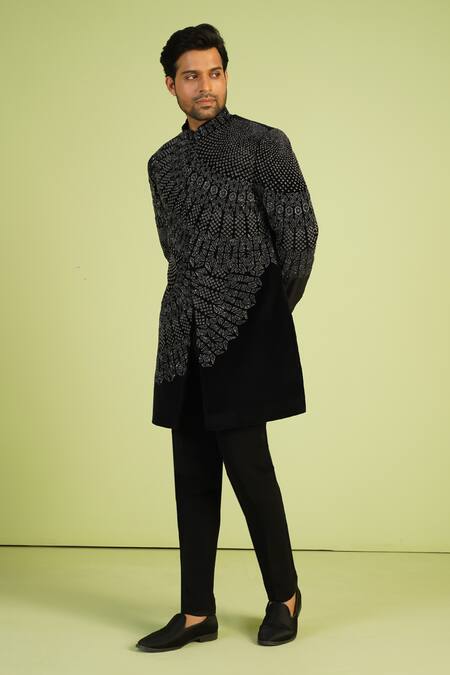 Shop Millionaire Black Suede Zari, Embroidery Sherwani Set Online at Aza Fashions Shop_Millionaire_Black Suede Zari, Embroidery Sherwani Set _Online_at_Aza_Fashions