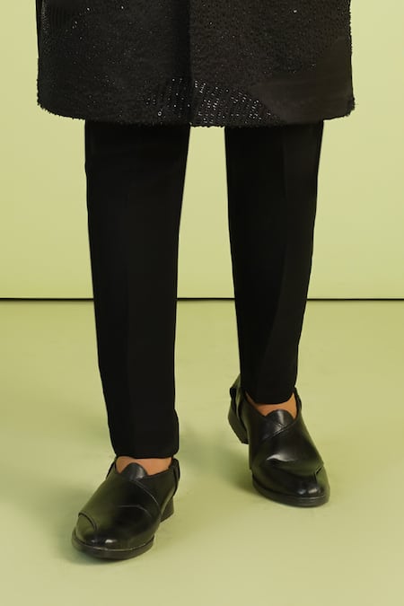 Millionaire_Black Silk Beads, Sequins Cutdana Work Sherwani Set _Online_at_Aza_Fashions