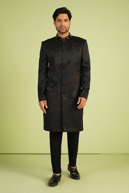 Buy_Millionaire_Black Silk Beads, Sequins Cutdana Work Sherwani Set _Online_at_Aza_Fashions