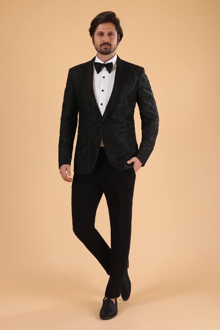 Millionaire_Black Silk Embroidery Thread Handwork Suit And Trouser Set _Online_at_Aza_Fashions