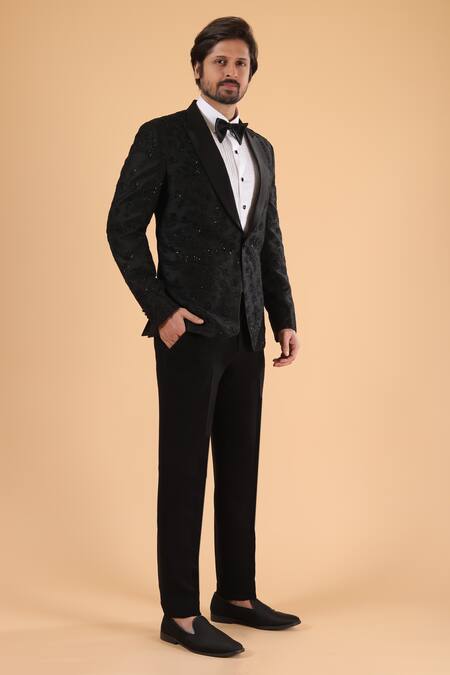 Buy_Millionaire_Black Silk Embroidery Thread Handwork Suit And Trouser Set _Online_at_Aza_Fashions