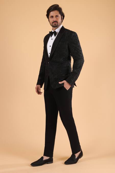 Shop_Millionaire_Black Silk Embroidery Thread Handwork Suit And Trouser Set _Online_at_Aza_Fashions