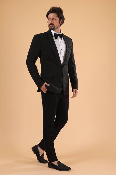 Millionaire_Black Embroidered Lapel Collar Suit Set _at_Aza_Fashions