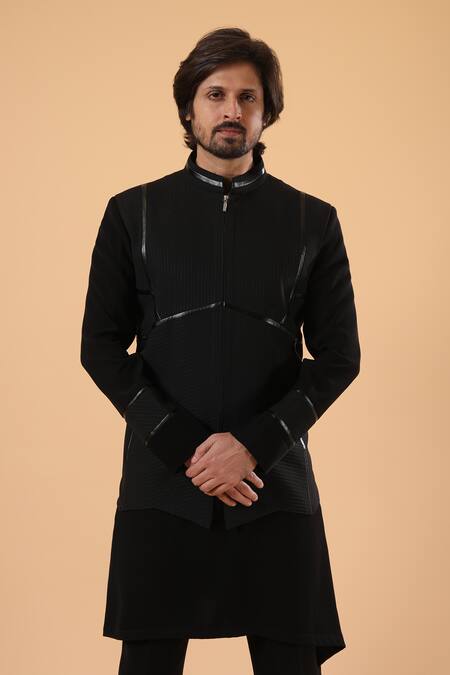 Millionaire_Black Viscose, Polyester Plited Zip Closure Bundi Kurta Set _Online_at_Aza_Fashions