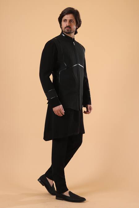 Millionaire_Black Viscose, Polyester Plited Zip Closure Bundi Kurta Set _at_Aza_Fashions