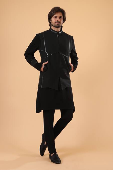Buy_Millionaire_Black Viscose, Polyester Plited Zip Closure Bundi Kurta Set 
