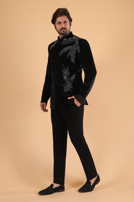 Buy_Millionaire_Black Polyester, Viscose Embroidery, Beads Kasab Cutdana Pita Work Bandhgala Set _Online_at_Aza_Fashions