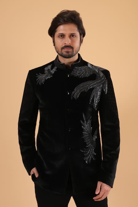 Shop_Millionaire_Black Polyester, Viscose Embroidery, Beads Kasab Cutdana Pita Work Bandhgala Set _Online_at_Aza_Fashions