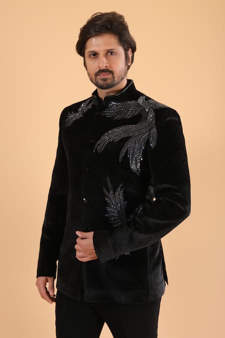 Millionaire_Black Polyester, Viscose Embroidery, Beads Kasab Cutdana Pita Work Bandhgala Set _at_Aza_Fashions