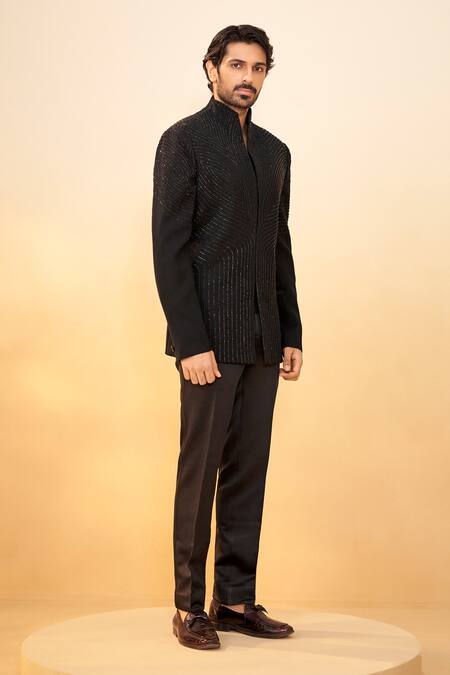 Millionaire_Black Polyester, Viscose Zari, Beads Embellished Bandhgala And Trouser Set _Online_at_Aza_Fashions