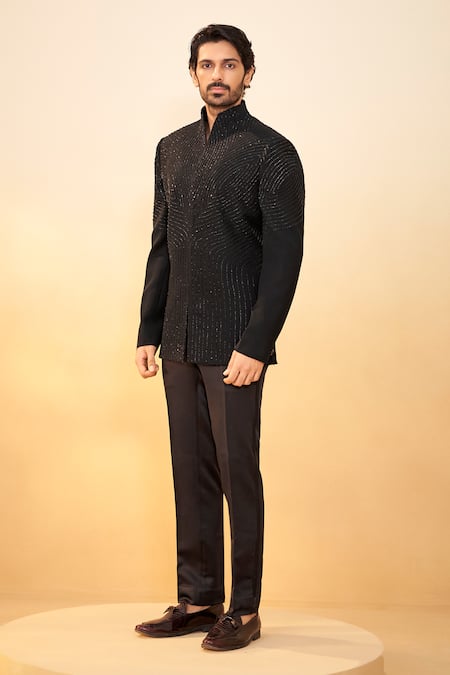 Buy_Millionaire_Black Polyester, Viscose Zari, Beads Embellished Bandhgala And Trouser Set _Online_at_Aza_Fashions