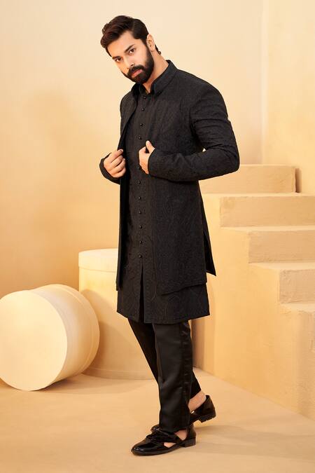 Millionaire_Black Organza Embroidery, Pearls Sherwani Set _Online_at_Aza_Fashions