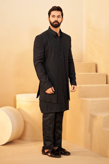 Shop_Millionaire_Black Organza Embroidery, Pearls Sherwani Set _Online_at_Aza_Fashions
