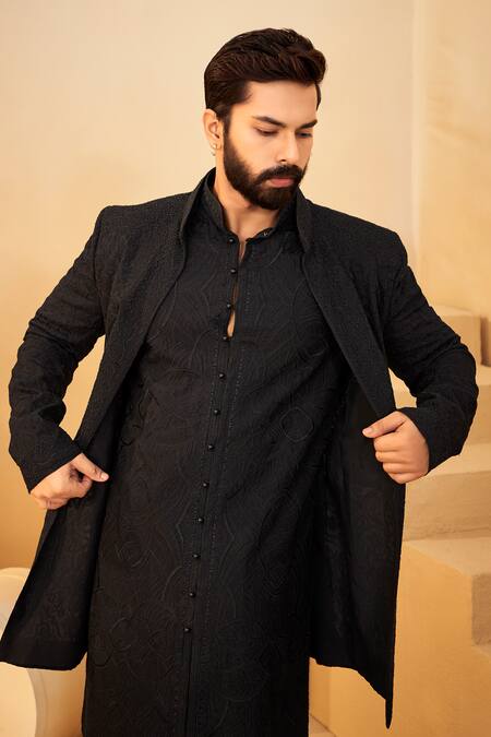 Millionaire_Black Organza Embroidery, Pearls Sherwani Set _at_Aza_Fashions