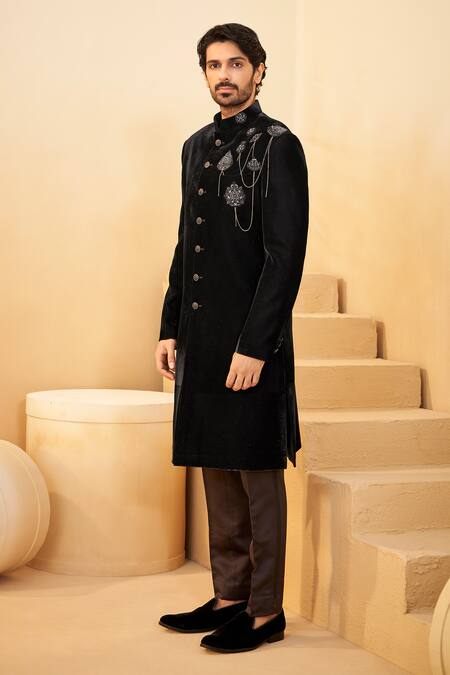Millionaire_Black Velvet Embroidery, Chains Sherwani Set _Online_at_Aza_Fashions