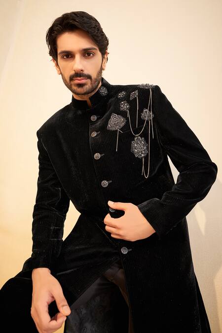 Shop_Millionaire_Black Velvet Embroidery, Chains Sherwani Set _Online_at_Aza_Fashions