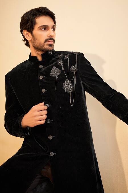 Millionaire_Black Velvet Embroidery, Chains Sherwani Set _at_Aza_Fashions