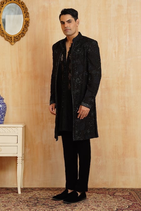 Millionaire_Black Net, Organza Stones, Embroidery Printed Sherwani Kurta Pyjama Set _Online_at_Aza_Fashions
