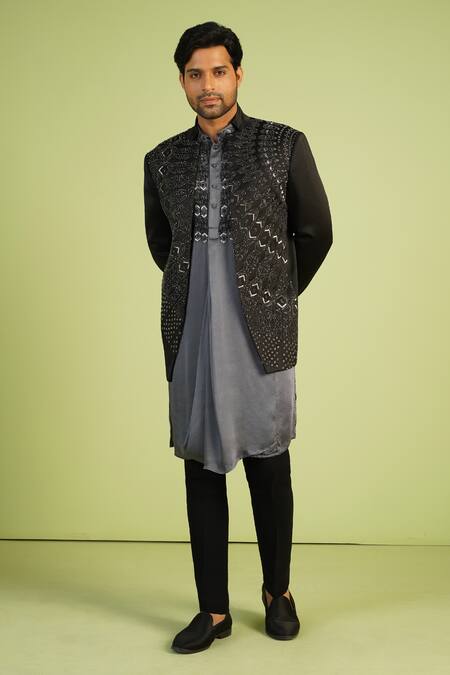 Millionaire_Grey Modal, Polyurethane Cut Work, Embroidery Cutdana Handwork Bandhgala Set _Online_at_Aza_Fashions