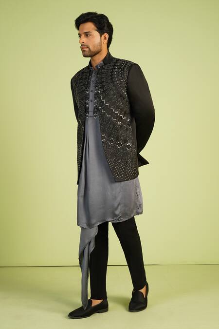 Shop_Millionaire_Grey Modal, Polyurethane Cut Work, Embroidery Cutdana Handwork Bandhgala Set _Online_at_Aza_Fashions