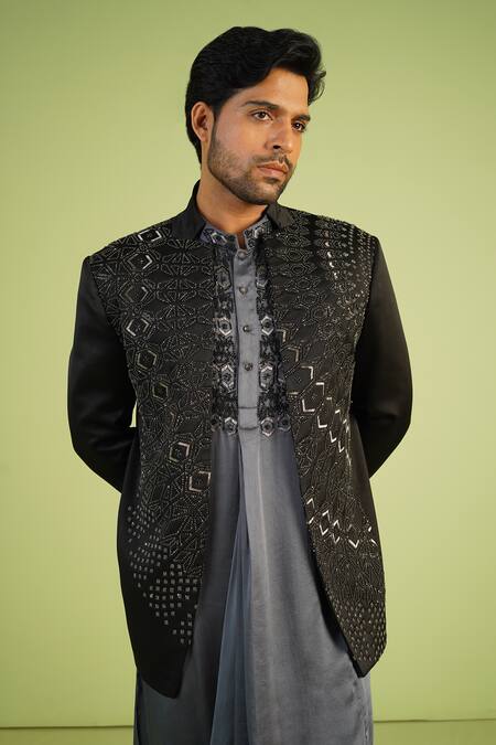 Millionaire_Grey Modal, Polyurethane Cut Work, Embroidery Cutdana Handwork Bandhgala Set _at_Aza_Fashions