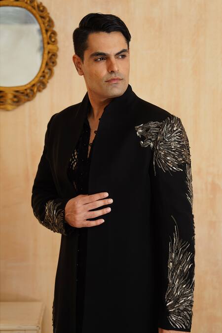 Millionaire_Black Embroidery, Metallic Thread Sali Handwork Sherwani Set _Online_at_Aza_Fashions