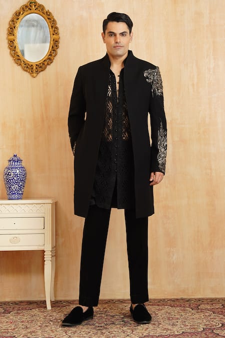 Buy_Millionaire_Black Embroidery, Metallic Thread Sali Handwork Sherwani Set _Online_at_Aza_Fashions