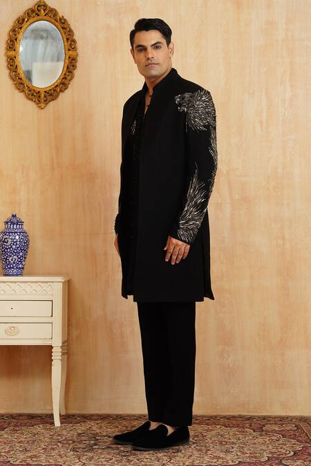 Shop_Millionaire_Black Embroidery, Metallic Thread Sali Handwork Sherwani Set _Online_at_Aza_Fashions