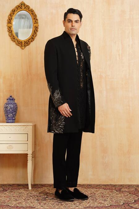 Millionaire_Black Embroidery, Metallic Thread Sali Handwork Sherwani Set _at_Aza_Fashions
