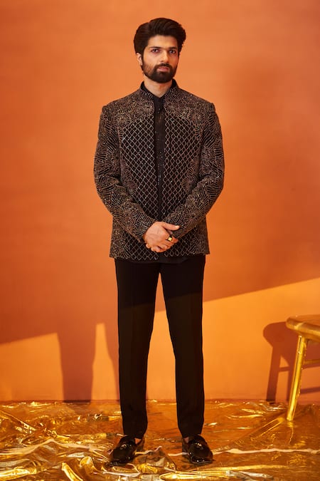 Millionaire Gunmetal Pearl Embroidered Bandhgala Set 