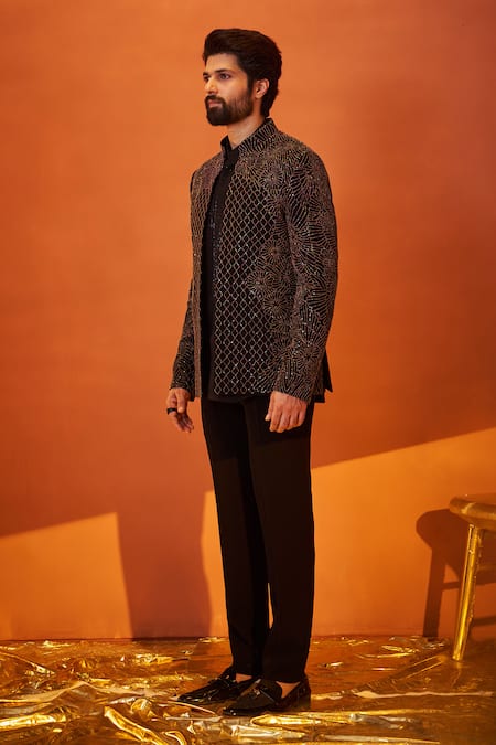 Millionaire Black Georgette Pearls Gunmetal Embroidered Bandhgala Set Online at Aza Fashions Millionaire_Black Georgette Pearls Gunmetal Embroidered Bandhgala Set _Online_at_Aza_Fashions