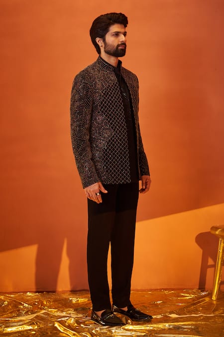 Buy Millionaire Black Georgette Pearls Gunmetal Embroidered Bandhgala Set Online at Aza Fashions Buy_Millionaire_Black Georgette Pearls Gunmetal Embroidered Bandhgala Set _Online_at_Aza_Fashions