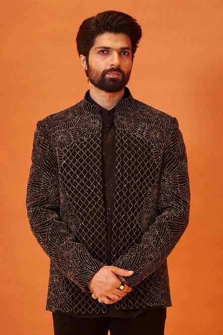 Shop Millionaire Black Georgette Pearls Gunmetal Embroidered Bandhgala Set Online at Aza Fashions Shop_Millionaire_Black Georgette Pearls Gunmetal Embroidered Bandhgala Set _Online_at_Aza_Fashions