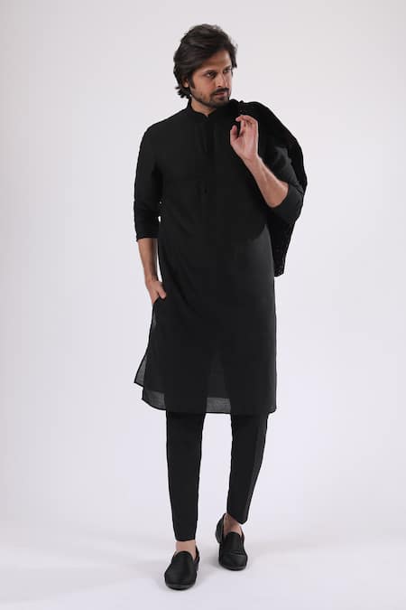Millionaire_Black Linen, Satin, Velvet Stones Embroidered Bundi Kurta Set _Online_at_Aza_Fashions