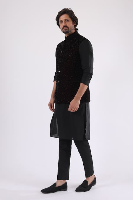 Shop_Millionaire_Black Linen, Satin, Velvet Stones Embroidered Bundi Kurta Set _Online_at_Aza_Fashions