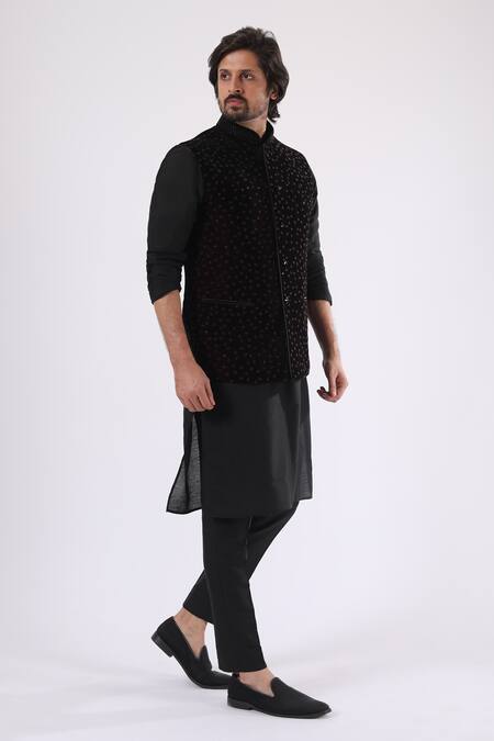 Millionaire_Black Linen, Satin, Velvet Stones Embroidered Bundi Kurta Set _at_Aza_Fashions