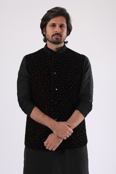 Shop_Millionaire_Black Linen, Satin, Velvet Stones Embroidered Bundi Kurta Set 