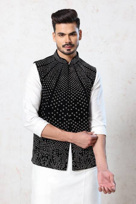 Millionaire_White Silk, Velvet Stones Geometric Pattern Bundi Kurta Set _Online_at_Aza_Fashions