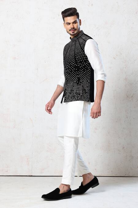 Shop_Millionaire_White Silk, Velvet Stones Geometric Pattern Bundi Kurta Set _Online_at_Aza_Fashions