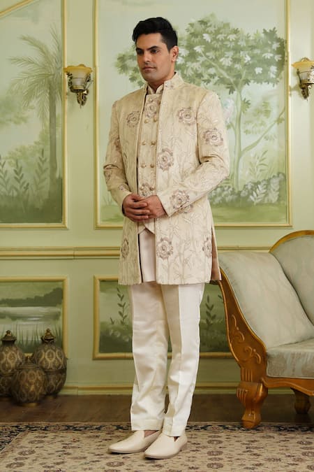 Millionaire_Beige Suede, Satin Floral Print Bandhgala Set _Online_at_Aza_Fashions