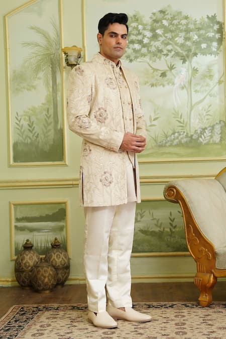 Buy_Millionaire_Beige Suede, Satin Floral Print Bandhgala Set _Online_at_Aza_Fashions