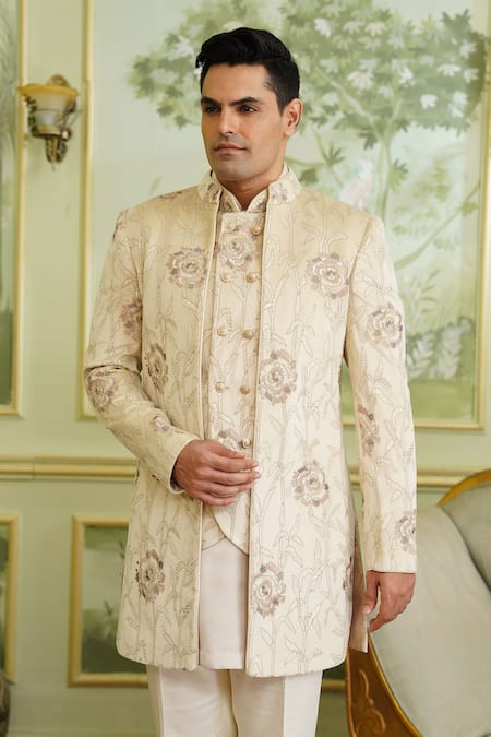 Shop_Millionaire_Beige Suede, Satin Floral Print Bandhgala Set _Online_at_Aza_Fashions