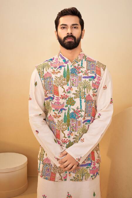 Millionaire_Beige Silk, Organza Embroidery Thread Work Bundi Kurta Set _Online_at_Aza_Fashions