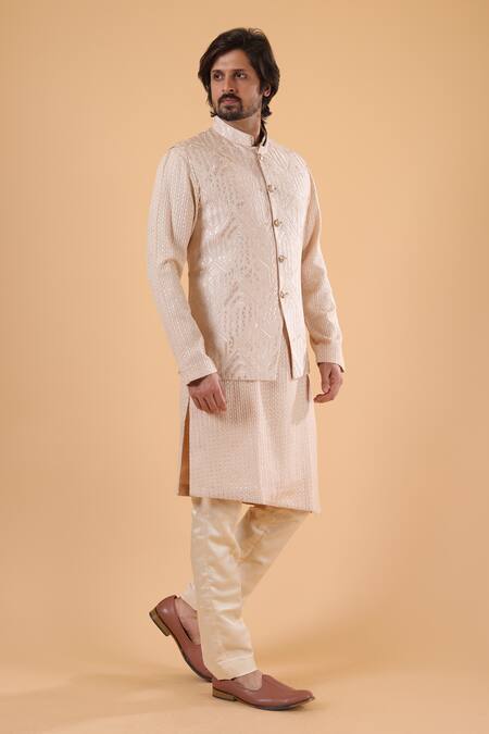 Millionaire_Beige Silk Embroidery Thread Work Bundi Kurta Set _Online_at_Aza_Fashions