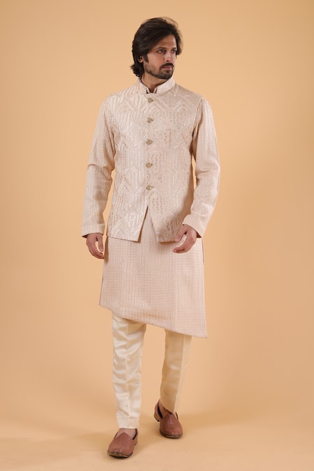 Shop_Millionaire_Beige Silk Embroidery Thread Work Bundi Kurta Set _Online_at_Aza_Fashions