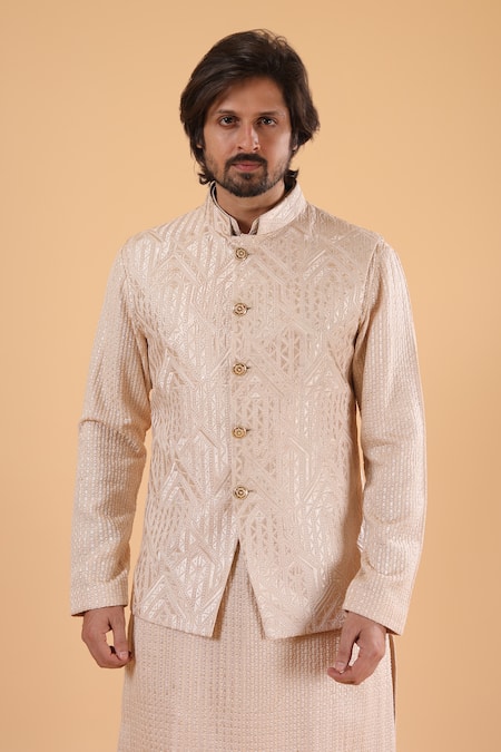Millionaire_Beige Silk Embroidery Thread Work Bundi Kurta Set _at_Aza_Fashions