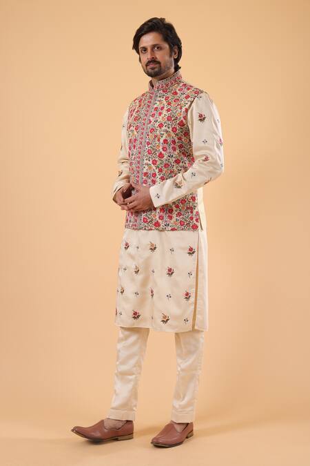 Millionaire_Beige Satin, Silk Embroidery Floral Thread Bundi Kurta Set _Online_at_Aza_Fashions