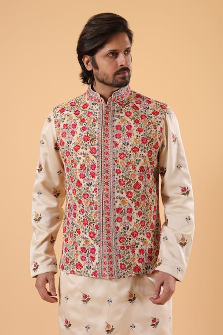 Shop_Millionaire_Beige Satin, Silk Embroidery Floral Thread Bundi Kurta Set _Online_at_Aza_Fashions