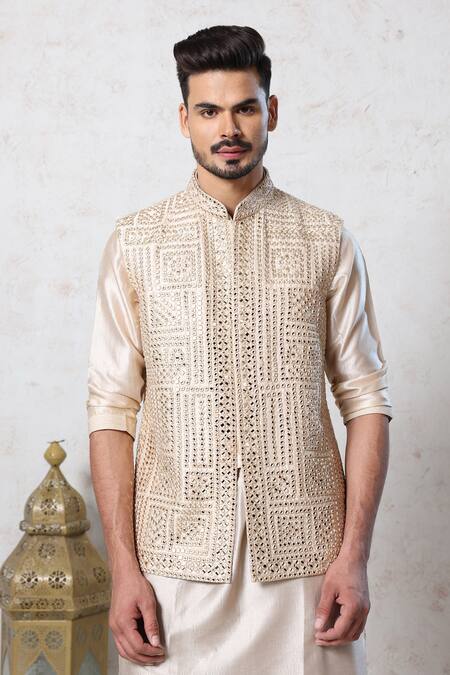 Buy_Millionaire_Beige Silk Mirrors Work Bundi Kurta Set _Online_at_Aza_Fashions