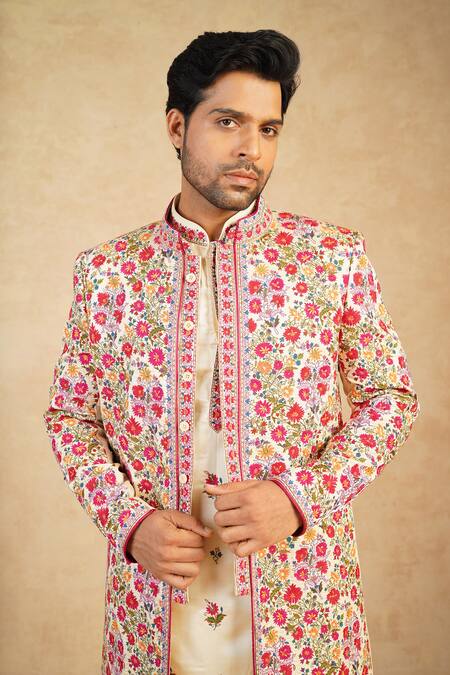 Shop_Millionaire_Off White Silk Embroidery Floral Thread Work Sherwani Jacket Set _Online_at_Aza_Fashions